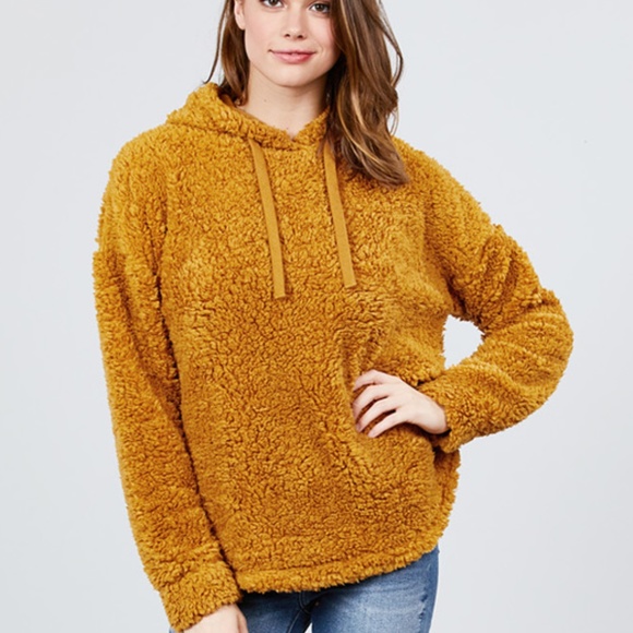 S-2X Faux Fur Drawstring Hoodie Mustard Color - Picture 2 of 5